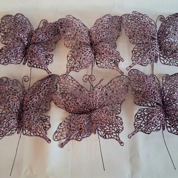 Lot of 6 Purple Glitter Decorative Butterflies - Picture 1 of 10